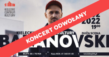 Grafika. Plakat koncertu Baranovskiego. Przez środek biegnie czerwony pasek z napisem: koncert odwołany.