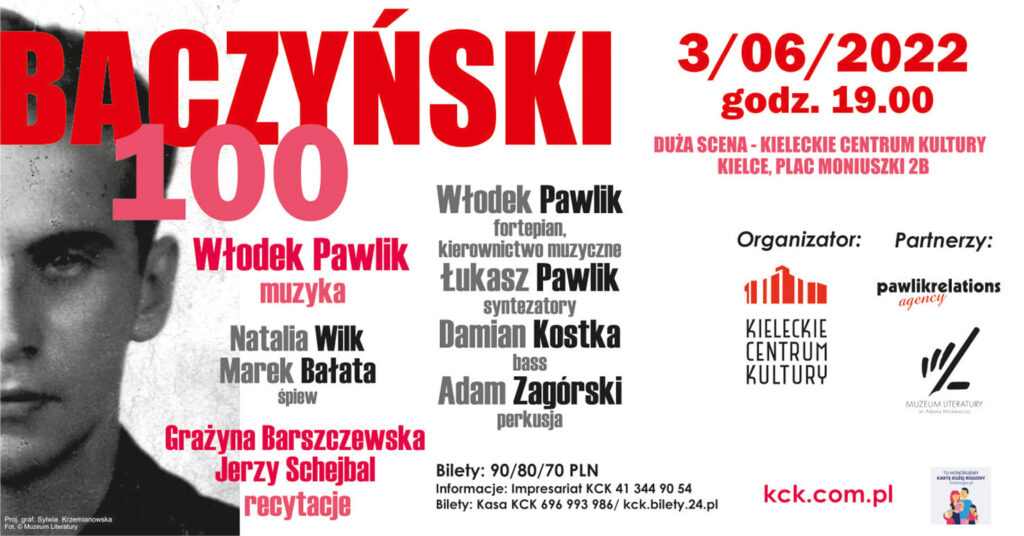 Grafika. Plakat koncertu Baczyński 100. Po lewej stronie Zdjęcie połowy twarzy Krzysztofa Kamila Baczyńskiego. Na górze napis: Baczyński 100 3 czerwca 2002 godz. 19. Duża Scena KCK. Bilety 90, 80 i 70 zł.