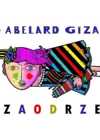 Grafika. Plakat. Na białym tle napis: Abelard Giza. Poniżej zdjęcie kosmicznej kolorowej dziewczynki. lecącej w poziomie. Poniżej napis: Zaodrze.