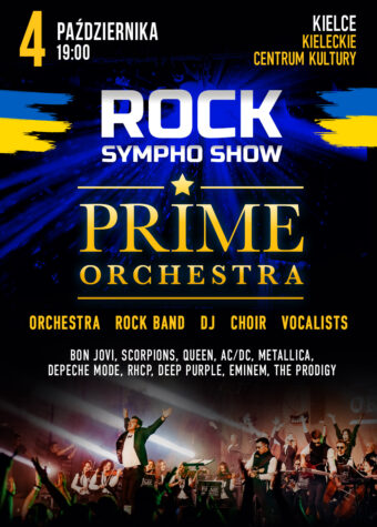 Grafika. Plakat. Na czarnym w centralnej części plakatu napisy: 4 października godz. 19 Kieleckie Centrum Kultury Rock Sympho Show Prime Orchestra. Na dole zdjęcie dyrygenta orkiestry z rękami podniesionymi do góry.