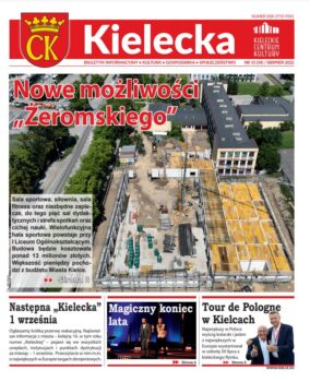 Grafika. Pierwsza strona biuletynu "Kielecka" nr 15. Główny tekst Nowe możliwości "Żeromskiego" i zdjęcie budowy hali sportowej przy liceum. Poniżej trzy mniejsze teksty: Następna "Kielecka" 1 września, Magiczny koniec lata, Tour de Pologne w Kielcach.