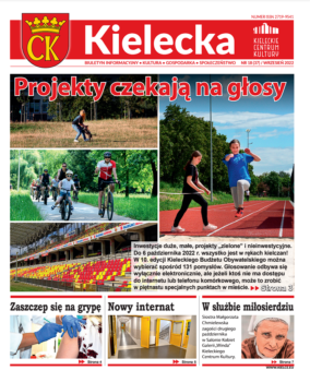 Grafika. Pierwsza strona biuletynu Kielecka nr 18. Tekst główny: projekty czekają na głosy i 4 zdjęcia inwestycji realizowanych z budżetu obywatelskiego. Poniżej trzy mniejsze teksty: zaszczep się na grypę, Nowy internat, W służbie miłosierdziu.