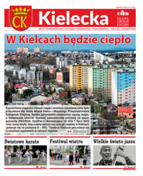 Grafika. Pierwsza strona biuletynu Kielecka. Tekst główny: w Kielcach będzie ciepło z dużym zdjęciem kieleckiego osiedla. Poniżej trzy mniejsze teksty: Światowe karate, Festiwal wiatru i Wielkie święto jazzu.