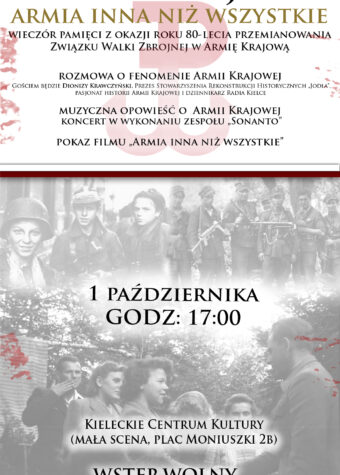 Grafika. Platak wieczoru pamięciu z okazji roku 80-lecia przemianowania Związku Walki Zbrojnej w Armię Krajową. 1 października godz. 17.