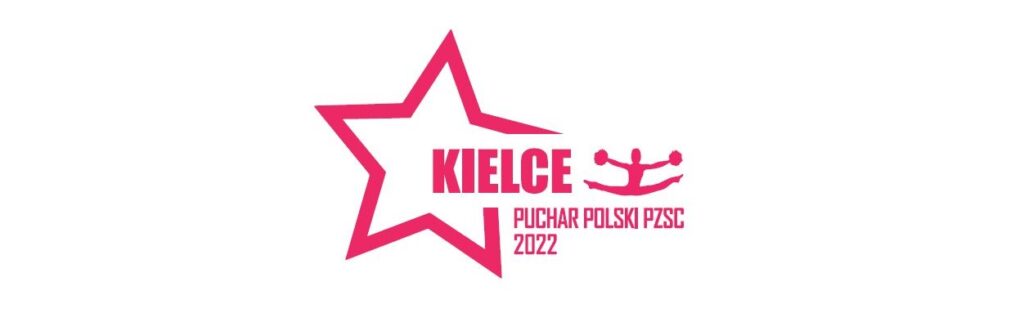 Grafika. Na bialym tle różowy napis: Kielce zamknięty w pięcioramienną gwiazdę obok grafika cheerliderki w szpagacie z pomponami w dłoniach. Poniżej napis: Puchar Polski PZSC 2022