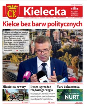 Grafika. Pierwsza strona biuletynu Kielecka, nr. 21. Główny tekst: Kielce bez barw politycznych. Poniżej duże zdjęcie udzielającego wywiadu prezydenta Kielc Bogdana Wenty. Trzy mniejsze teksty: Miasto na rowery, Rusza sprzedaż rządowego węgla. Nurt dokumentu.