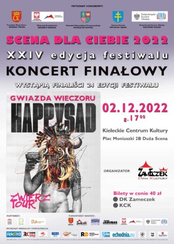 Grafika. Plakat koncertu finałowego Scena dla Ciebie. Gwiazda Wieczoru: Happysad. 2 grudnia godz. 17 Kieleckie Centrum Kultury, Duża scena.