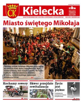 Grafika. ! strona biuletynu "Kielecka" nr 24. W centralnym miejscu duże zdjęcie z góry tłumu ludzi idącego ul. Sienkiewicza i napis "Miasto świętego Mikołaja".