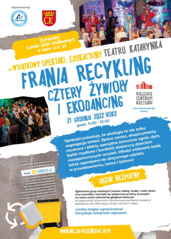 Grafika. Na bialym tle napis: wyjątkowy Spektakl Edukacyjny Teatru Katarynka Frania REcykling cztery żywioły i ekodancing. 21 grudnia 2022 roku godz. 11. Udział bezpłatny.