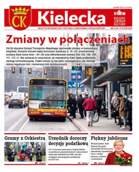 Grafika. Pierwsza strona biuletynu "Kielecka" nr 2. Główny tekst nosi tytuł Zmiany w połączeniach,. Ozdobiono go zdjęciem stojącego na przystanku autobusu miejskiego. Trzy krótkei dolne informcje to: Gramy z Orkiestrą, Urzędnik doręczy decyzję podatkową i Piękny jubileusz.