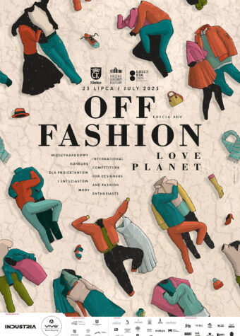 Grafika gali finałowej 24. Międzynarodowego konkursu dla Projektantów i Entuzjastów Mody OFF Fashion. Love planet 23 lipca. Na bezowym tle namalowane ubrania męskie i damskie połączone w mieszane pary. Ubrania przytulają się do siebie w różnych pozach. Pomiędzy pojedyncze części garderoby: buty, czapki, torebki czy kapelusze.