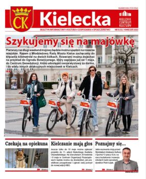 Grafika. Pierwsza strona biuletynu "Kielecka" nr 8. Głowny tekst: Szykujemy się na majówkę ze zdjęciem 4 młodych osób na rowerach miejskich. Poniżej trzy teksty: Czekają na opiekuna ze zdjęciem psa za kratą, Kielczanie mają glos. I poznajmy się ze zdjęciem dyrektora wydziału edukacji UM Kielce, Piotra Łojka.