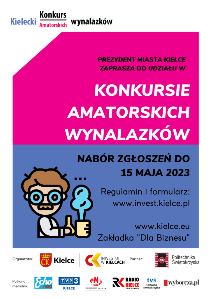 Grafika. Plakat konkursu amatorskich wybalazków. Nabór zgłozeeń do 15 maja 2023. Regulamin i formularz: www.invest.kielce.pl, www.kielce.eu zakładka "dla biznesu".