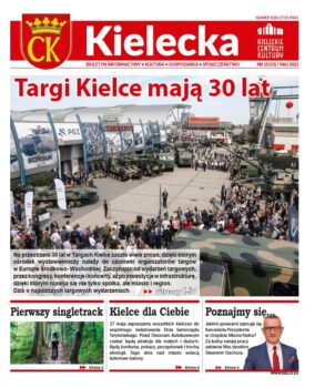 Grafika. Pierwsza strona biuletynu "Kielecka" numer 10. Głowny tekst: Targi Kielce mają 30lat. Na zdjęciu publicnzość podczas tarów militarnych. Poniżej trzy mniejsze teksty: Pierwszy singletrack, Kielce dla Ciebie i Poznajmy się.