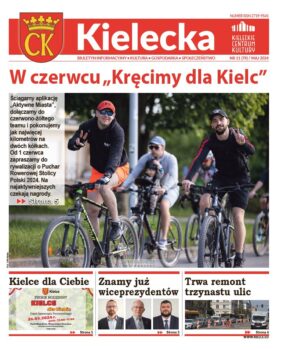 Grafika. Pierwsza strona biuletynu "Kielecka" nr 11. Tekst głowny: W czerwcu Kręcimy dla Kielc. Duże zdjęcie kilku rowerzystów jadących drogą. Poniżej trzy mniejsze teksty: Kielce dla Ciebie, Znamy już wiceprezydentów i Trwa remont trzynastu ulic.