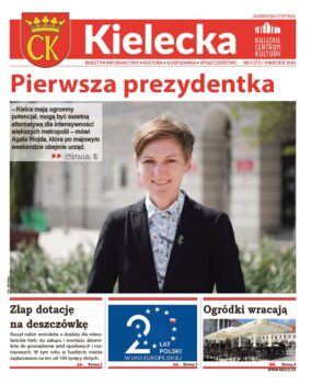 Grafika. Pierwsza strona biuletynu "Kielecka" nr 9. Tekst główny: Pierwsza prezydentka. Na zdjęciu uśmiechnięta szczupła blondynka o krótkich włosach. na tle budynku urzędu miasta. Poniżej trzy krótkie teksty: Złap dotację na deszczówkę. 20 lat Polski w Unii Europejskiej i Ogródki wracają.