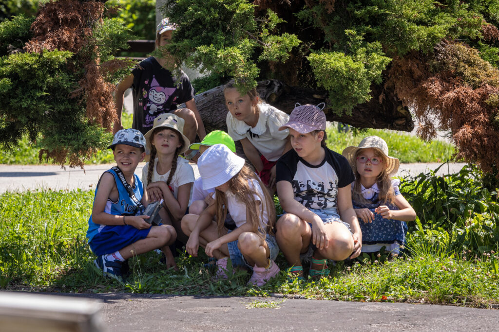 Zdjęcie. Grupa dzieciaków kuca blisko siebie pod krzakiem. Wszyscy patrzą w jednym kierunku.