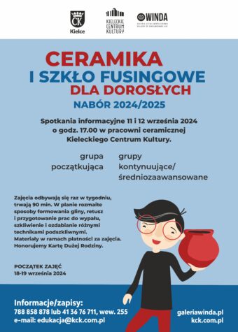 Grafika. Plakat naboru Ceramika i szkło fusingowe dla dorosłych. Spotkania informacyjne: 11 i 12 września godz. 17 w pracowni ceramicznej KCK.