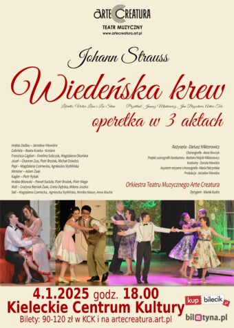 Grafika. Plakat operetki. Na kremowym tle naposy: Johann Strauss, Wiedeńska krew, operetka w trzech aktach. Poniżej zdjęcia tańczących par w strojach z lat 50. Poniżej data: 4 stycznia godz. 18, Kieleckie Centrum Kultury, bilety 90-120 zł.