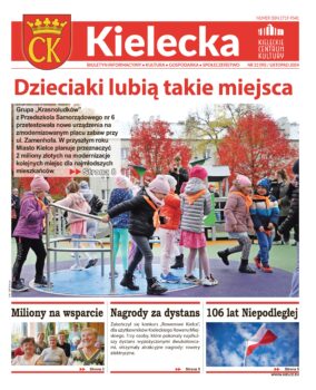 Grafika. Pierwsza strona biuletynu Kielecka nr 22. Tekst głowny: Dzieciaki lubią takie miejsca. Trzy teksty poniżej: Miliony na wsparcie, Nagrody za dystans i 106 lat Niepodległej.