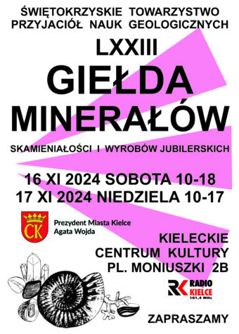 GRafika. Plakat 73. Giełdy Minerałów, Skamieniałości i Wyrobów Jubilerskich. Na białym tle filetowe trójkąty. Pod nazwą giełdy daty: 16 listopada sobota, godz. 10-18, 17 listopada niedziela, godz. 10-17.