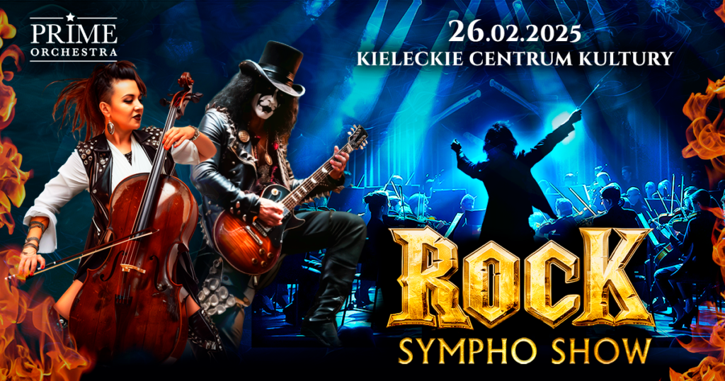 Grafika. Plakat. W dolnym prawym rogu napis: Rock Sympho Show. na górze data 26 lutego 2025. Kieleckie Centrum Kultury. w lewym górnym rogu grafiki przedstawiającej muzyków na granatowym tle napis: Prime Orchestra.