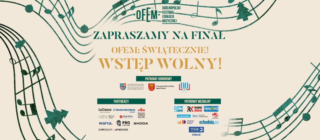 GRagfika. Plakat. Na kremowym tle zielone i żólte napisy: Zapraszamy na finał OFEM: świątecznie!. Wstęp wolny.